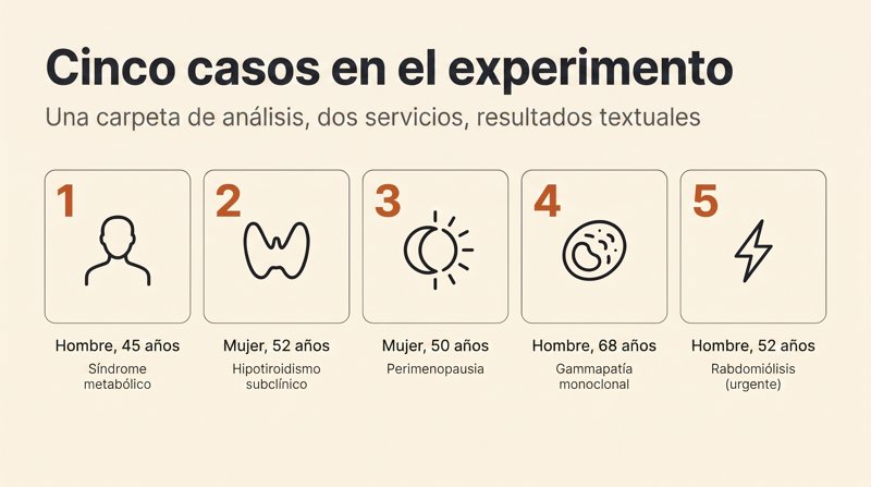 Cinco casos del experimento: varón de 45 años (síndrome metabólico), mujer de 52 años (hipotiroidismo subclínico), mujer de 50 años (perimenopausia), varón de 68 años (gammapatía monoclonal), varón de 52 años (rabdomiólisis)