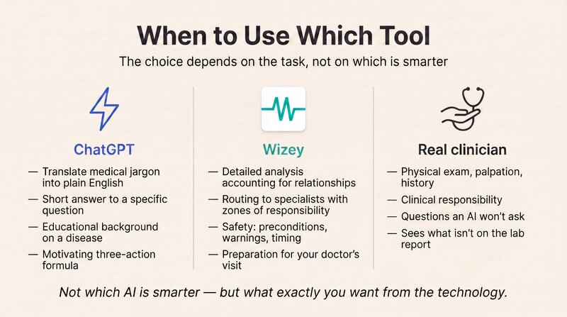 Three operating modes: ChatGPT for fast answers and educational context, Wizey for detailed analysis and doctor-visit preparation, a real clinician for physical exam and clinical responsibility